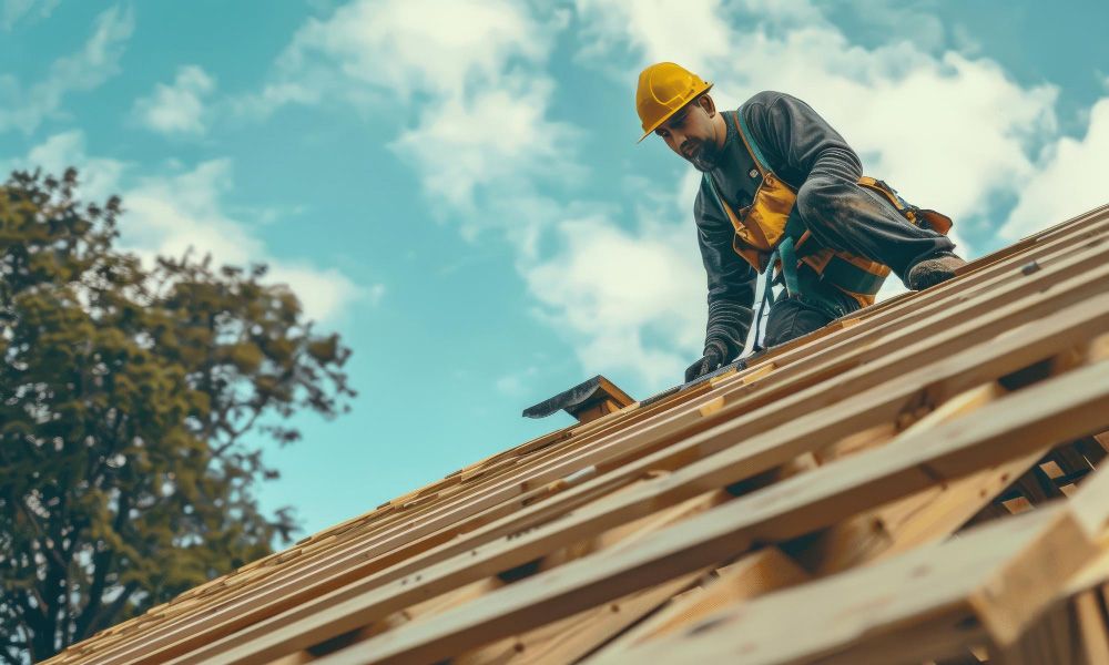 Artisan couvreur travaillant sur une toiture à Beaumont-de-Lomagne
